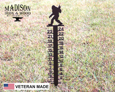 Bigfoot Middle Finger Snow Gauge - Madison Iron and Wood - Snow Gauge - metal outdoor decor - Steel deocrations - american made products - veteran owned business products - fencing decorations - fencing supplies - custom wall decorations - personalized wall signs - steel - decorative post caps - steel post caps - metal post caps - brackets - structural brackets - home improvement - easter - easter decorations - easter gift - easter yard decor
