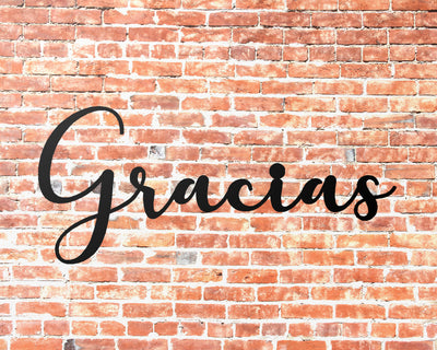 Gracias Metal Word Sign - Madison Iron and Wood - Metal Word Art - metal outdoor decor - Steel deocrations - american made products - veteran owned business products - fencing decorations - fencing supplies - custom wall decorations - personalized wall signs - steel - decorative post caps - steel post caps - metal post caps - brackets - structural brackets - home improvement - easter - easter decorations - easter gift - easter yard decor
