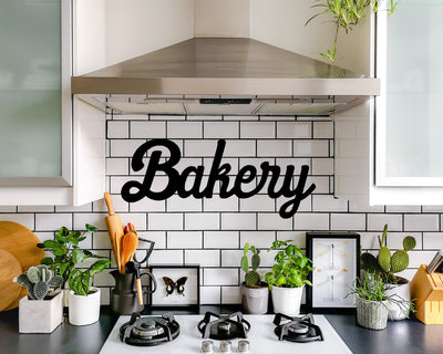 Bakery Cursive Metal Word Sign - Madison Iron and Wood - Metal Word Art - metal outdoor decor - Steel deocrations - american made products - veteran owned business products - fencing decorations - fencing supplies - custom wall decorations - personalized wall signs - steel - decorative post caps - steel post caps - metal post caps - brackets - structural brackets - home improvement - easter - easter decorations - easter gift - easter yard decor