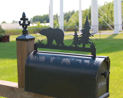 Bear In Woods Mailbox Topper - Madison Iron and Wood - Mailbox Post Decor - metal outdoor decor - Steel deocrations - american made products - veteran owned business products - fencing decorations - fencing supplies - custom wall decorations - personalized wall signs - steel - decorative post caps - steel post caps - metal post caps - brackets - structural brackets - home improvement - easter - easter decorations - easter gift - easter yard decor