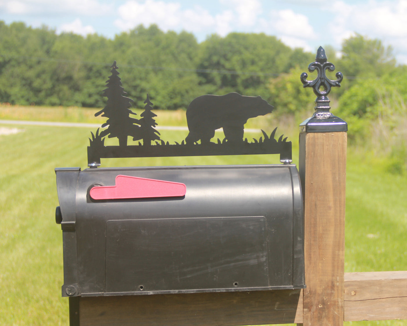 Bear In Woods Mailbox Topper - Madison Iron and Wood - Mailbox Post Decor - metal outdoor decor - Steel deocrations - american made products - veteran owned business products - fencing decorations - fencing supplies - custom wall decorations - personalized wall signs - steel - decorative post caps - steel post caps - metal post caps - brackets - structural brackets - home improvement - easter - easter decorations - easter gift - easter yard decor
