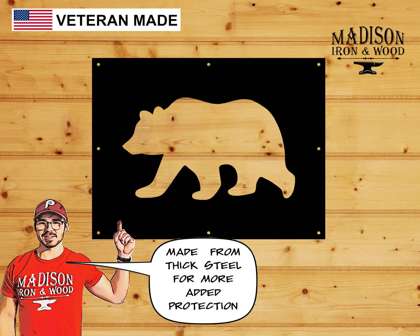 Bear Gate Window Insert - Madison Iron and Wood - Gate Window - metal outdoor decor - Steel deocrations - american made products - veteran owned business products - fencing decorations - fencing supplies - custom wall decorations - personalized wall signs - steel - decorative post caps - steel post caps - metal post caps - brackets - structural brackets - home improvement - easter - easter decorations - easter gift - easter yard decor