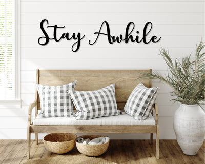 Stay Awhile Metal Word Sign - Madison Iron and Wood - Metal Word Art - metal outdoor decor - Steel deocrations - american made products - veteran owned business products - fencing decorations - fencing supplies - custom wall decorations - personalized wall signs - steel - decorative post caps - steel post caps - metal post caps - brackets - structural brackets - home improvement - easter - easter decorations - easter gift - easter yard decor