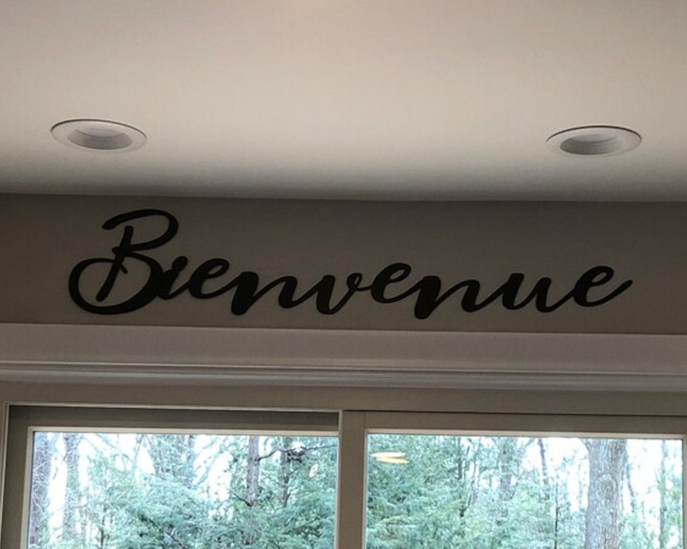 Bienvenue Metal Word Sign - Madison Iron and Wood - Wall Art - metal outdoor decor - Steel deocrations - american made products - veteran owned business products - fencing decorations - fencing supplies - custom wall decorations - personalized wall signs - steel - decorative post caps - steel post caps - metal post caps - brackets - structural brackets - home improvement - easter - easter decorations - easter gift - easter yard decor
