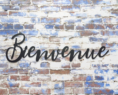 Bienvenue Metal Word Sign - Madison Iron and Wood - Wall Art - metal outdoor decor - Steel deocrations - american made products - veteran owned business products - fencing decorations - fencing supplies - custom wall decorations - personalized wall signs - steel - decorative post caps - steel post caps - metal post caps - brackets - structural brackets - home improvement - easter - easter decorations - easter gift - easter yard decor