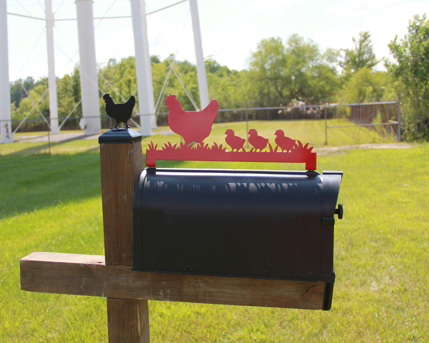 Chicken Flock Mailbox Topper - Madison Iron and Wood - Mailbox Post Decor - metal outdoor decor - Steel deocrations - american made products - veteran owned business products - fencing decorations - fencing supplies - custom wall decorations - personalized wall signs - steel - decorative post caps - steel post caps - metal post caps - brackets - structural brackets - home improvement - easter - easter decorations - easter gift - easter yard decor