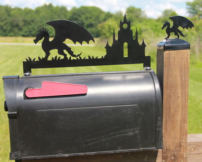Dragon and Castle Mailbox Topper - Madison Iron and Wood - Mailbox Post Decor - metal outdoor decor - Steel deocrations - american made products - veteran owned business products - fencing decorations - fencing supplies - custom wall decorations - personalized wall signs - steel - decorative post caps - steel post caps - metal post caps - brackets - structural brackets - home improvement - easter - easter decorations - easter gift - easter yard decor