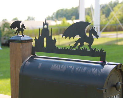 Dragon and Castle Mailbox Topper - Madison Iron and Wood - Mailbox Post Decor - metal outdoor decor - Steel deocrations - american made products - veteran owned business products - fencing decorations - fencing supplies - custom wall decorations - personalized wall signs - steel - decorative post caps - steel post caps - metal post caps - brackets - structural brackets - home improvement - easter - easter decorations - easter gift - easter yard decor