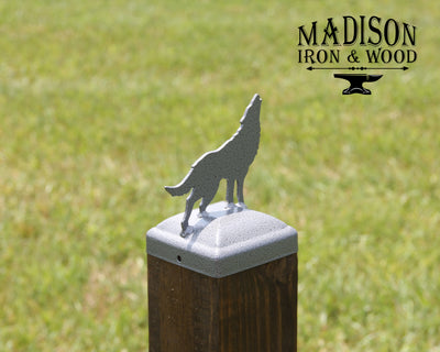 4x4 Howling Wolf Post Cap - Madison Iron and Wood - Post Cap - metal outdoor decor - Steel deocrations - american made products - veteran owned business products - fencing decorations - fencing supplies - custom wall decorations - personalized wall signs - steel - decorative post caps - steel post caps - metal post caps - brackets - structural brackets - home improvement - easter - easter decorations - easter gift - easter yard decor