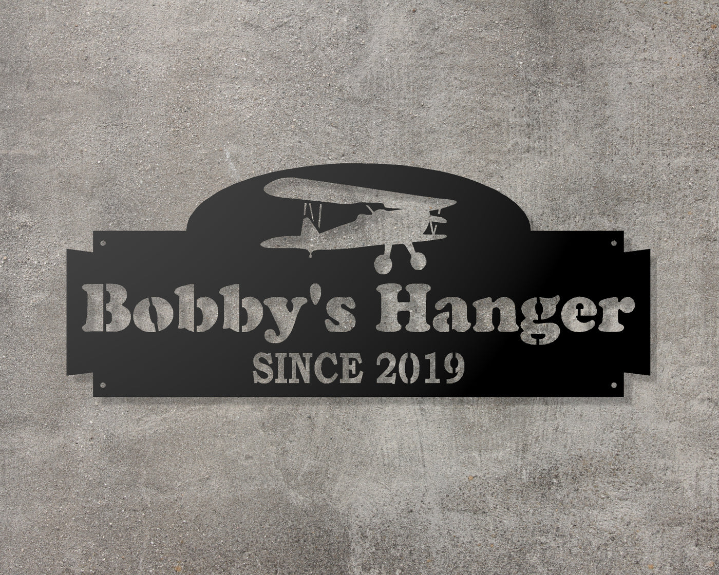 Personalized Airplane Hanger Metal Sign - Madison Iron and Wood - Personalized sign - metal outdoor decor - Steel deocrations - american made products - veteran owned business products - fencing decorations - fencing supplies - custom wall decorations - personalized wall signs - steel - decorative post caps - steel post caps - metal post caps - brackets - structural brackets - home improvement - easter - easter decorations - easter gift - easter yard decor