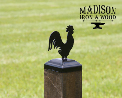 4x4 Rooster Post Cap - Madison Iron and Wood - Post Cap - metal outdoor decor - Steel deocrations - american made products - veteran owned business products - fencing decorations - fencing supplies - custom wall decorations - personalized wall signs - steel - decorative post caps - steel post caps - metal post caps - brackets - structural brackets - home improvement - easter - easter decorations - easter gift - easter yard decor