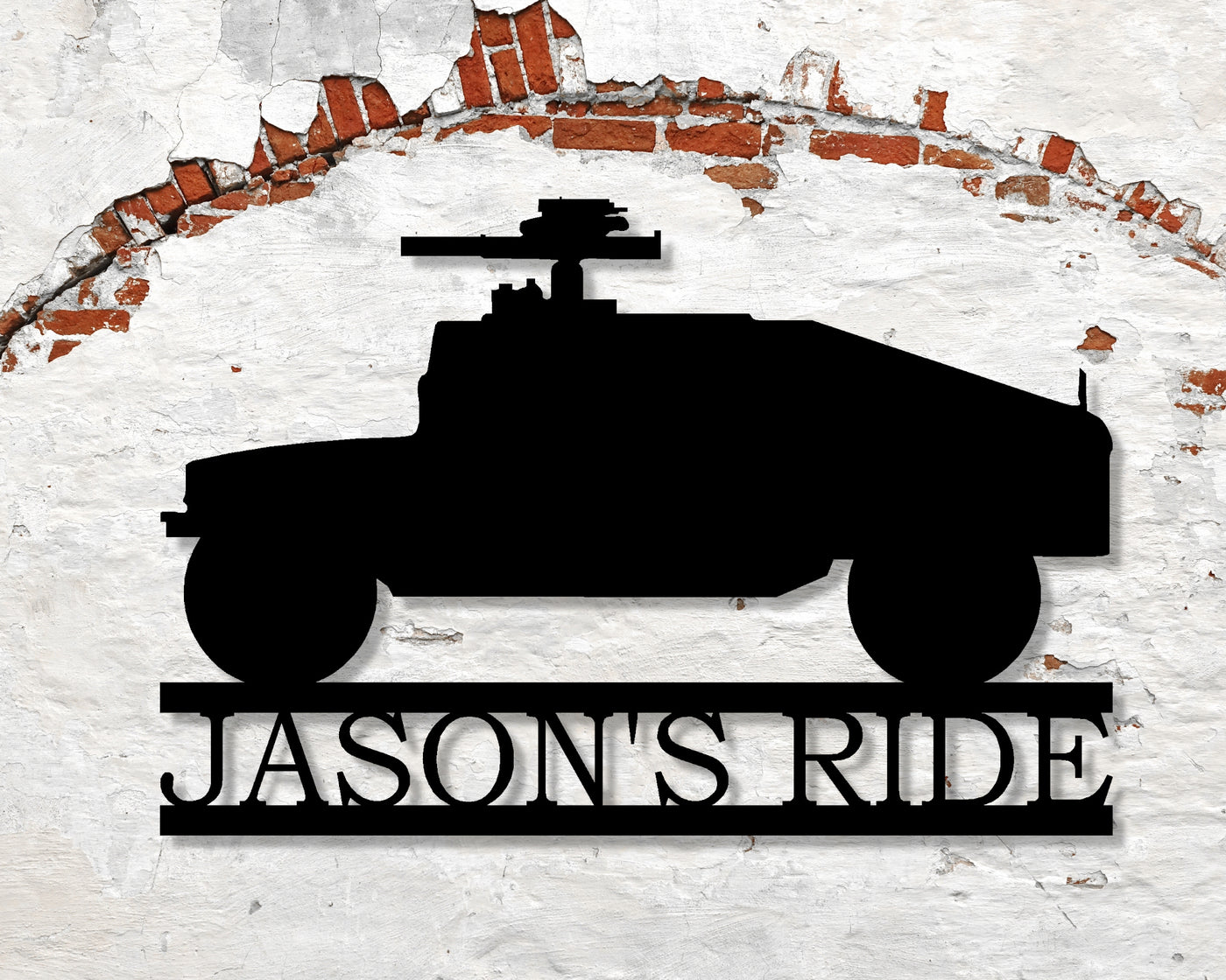 Personalized Humvee Metal Sign - Madison Iron and Wood - Personalized sign - metal outdoor decor - Steel deocrations - american made products - veteran owned business products - fencing decorations - fencing supplies - custom wall decorations - personalized wall signs - steel - decorative post caps - steel post caps - metal post caps - brackets - structural brackets - home improvement - easter - easter decorations - easter gift - easter yard decor