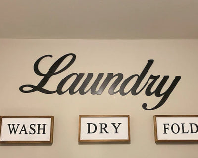 Laundry Metal Word Sign - Madison Iron and Wood - Wall Art - metal outdoor decor - Steel deocrations - american made products - veteran owned business products - fencing decorations - fencing supplies - custom wall decorations - personalized wall signs - steel - decorative post caps - steel post caps - metal post caps - brackets - structural brackets - home improvement - easter - easter decorations - easter gift - easter yard decor
