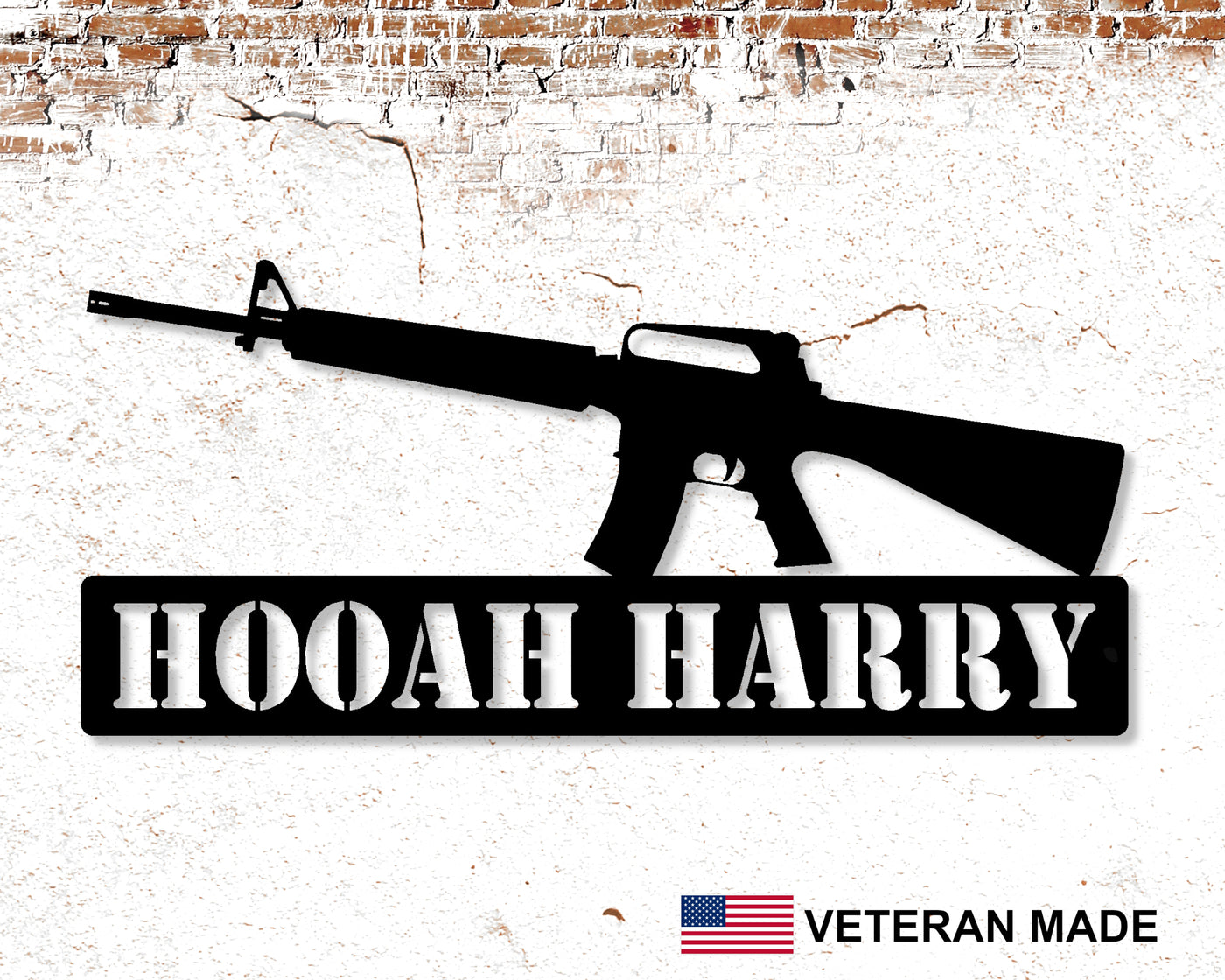 Personalized M16 Rifle Metal Sign - Madison Iron and Wood - Personalized sign - metal outdoor decor - Steel deocrations - american made products - veteran owned business products - fencing decorations - fencing supplies - custom wall decorations - personalized wall signs - steel - decorative post caps - steel post caps - metal post caps - brackets - structural brackets - home improvement - easter - easter decorations - easter gift - easter yard decor