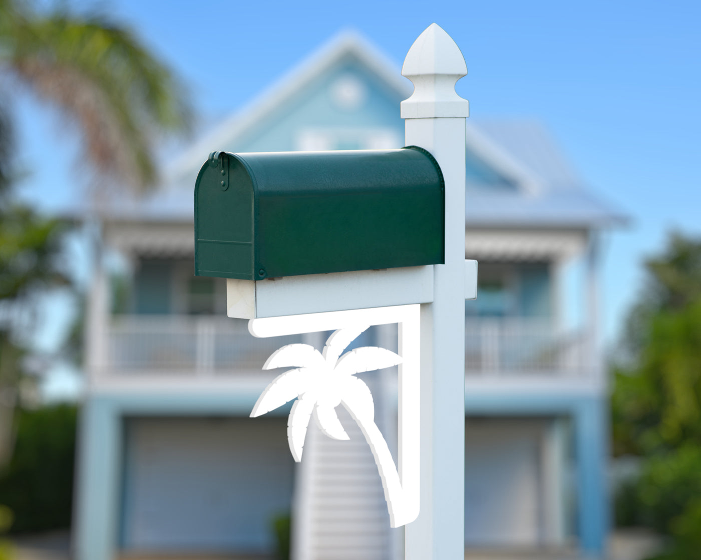 Plastic Palm Tree Mailbox Bracket - Madison Iron and Wood - Mailbox Post Decor - metal outdoor decor - Steel deocrations - american made products - veteran owned business products - fencing decorations - fencing supplies - custom wall decorations - personalized wall signs - steel - decorative post caps - steel post caps - metal post caps - brackets - structural brackets - home improvement - easter - easter decorations - easter gift - easter yard decor