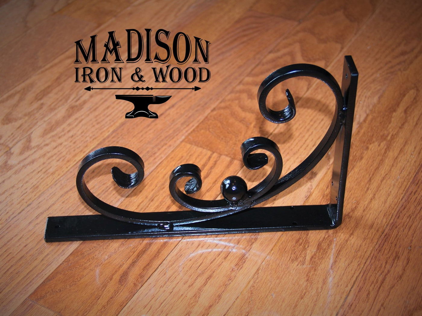 Heavy Duty Decorative Scrolled Shelf Bracket, Forged Angle Bracket - Madison Iron and Wood - Shelf Brackets - metal outdoor decor - Steel deocrations - american made products - veteran owned business products - fencing decorations - fencing supplies - custom wall decorations - personalized wall signs - steel - decorative post caps - steel post caps - metal post caps - brackets - structural brackets - home improvement - easter - easter decorations - easter gift - easter yard decor