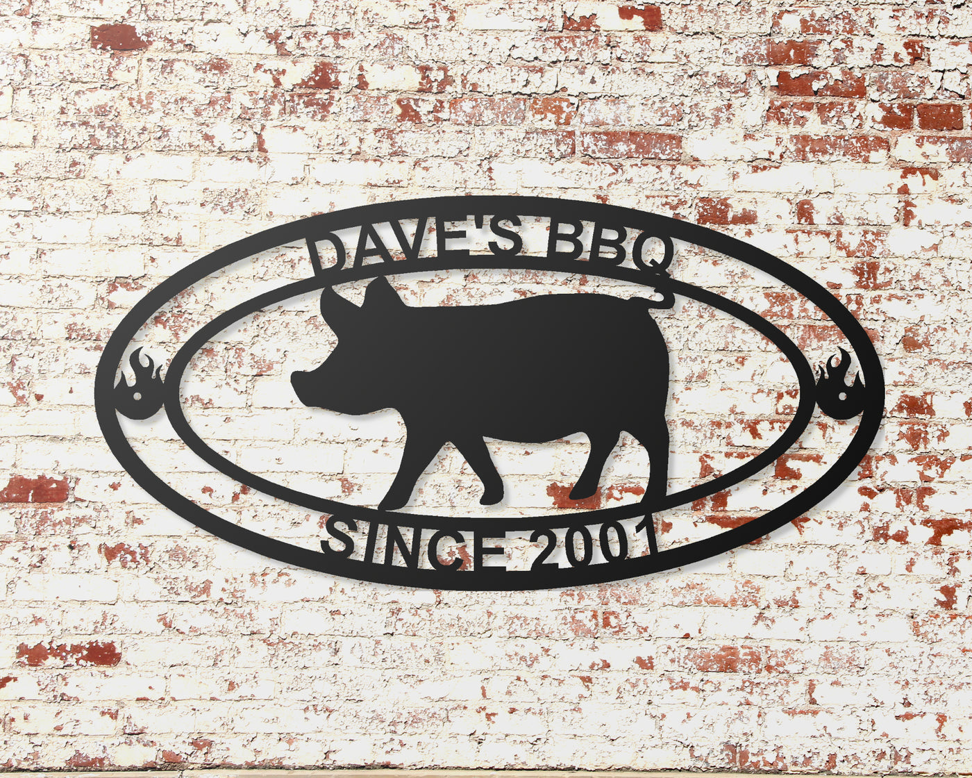Personalized BBQ Metal Sign with Pig - Madison Iron and Wood - Personalized sign - metal outdoor decor - Steel deocrations - american made products - veteran owned business products - fencing decorations - fencing supplies - custom wall decorations - personalized wall signs - steel - decorative post caps - steel post caps - metal post caps - brackets - structural brackets - home improvement - easter - easter decorations - easter gift - easter yard decor