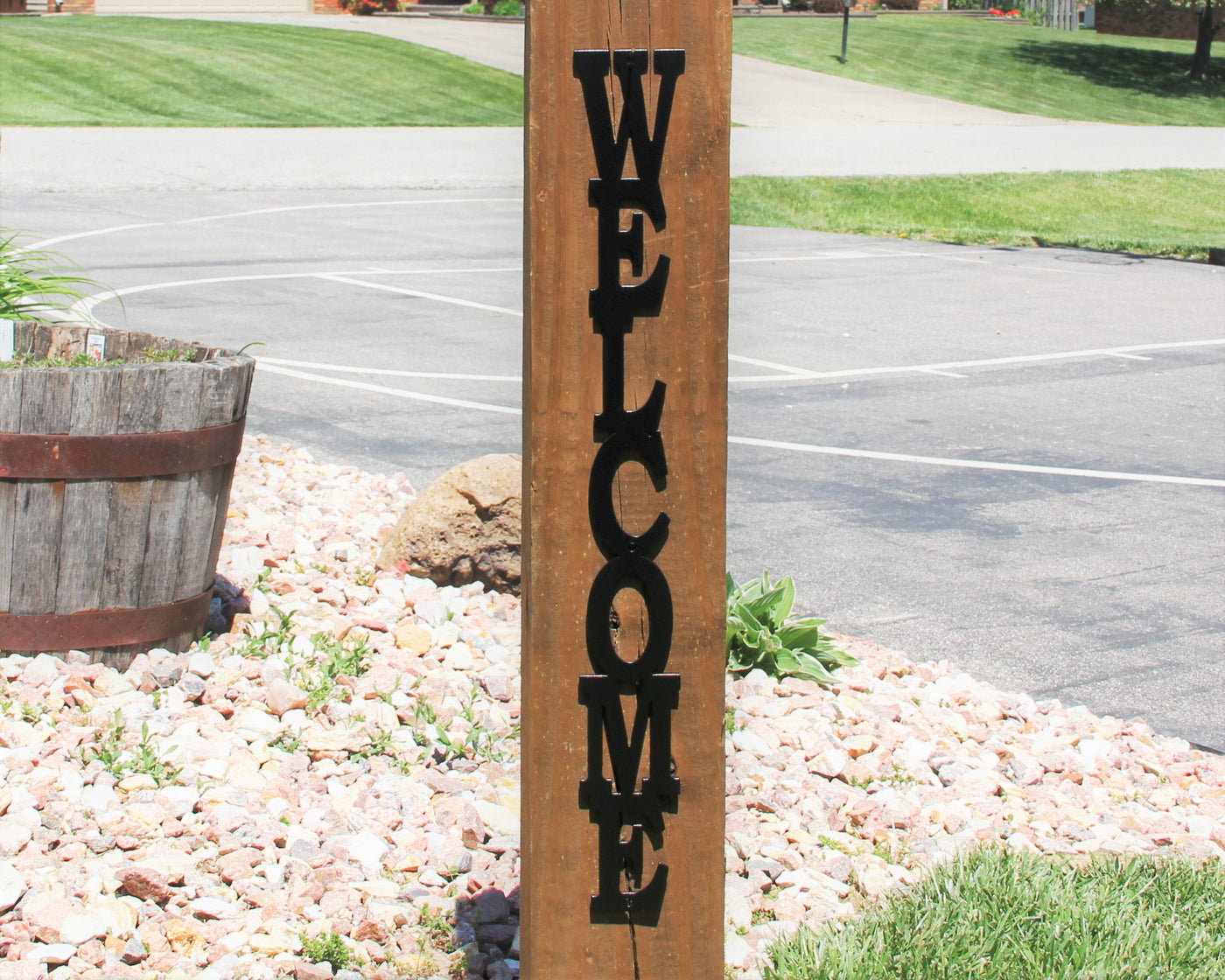 Vertical Welcome Sign - Madison Iron and Wood - Mailbox Post Decor - metal outdoor decor - Steel deocrations - american made products - veteran owned business products - fencing decorations - fencing supplies - custom wall decorations - personalized wall signs - steel - decorative post caps - steel post caps - metal post caps - brackets - structural brackets - home improvement - easter - easter decorations - easter gift - easter yard decor