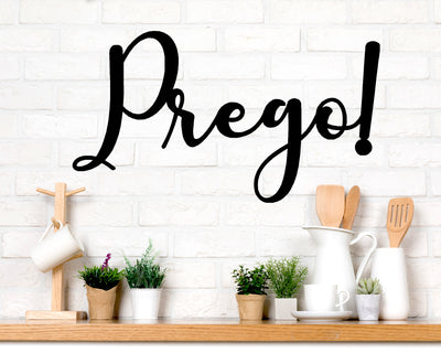 Prego! Metal Word Sign - Madison Iron and Wood - Wall Art - metal outdoor decor - Steel deocrations - american made products - veteran owned business products - fencing decorations - fencing supplies - custom wall decorations - personalized wall signs - steel - decorative post caps - steel post caps - metal post caps - brackets - structural brackets - home improvement - easter - easter decorations - easter gift - easter yard decor