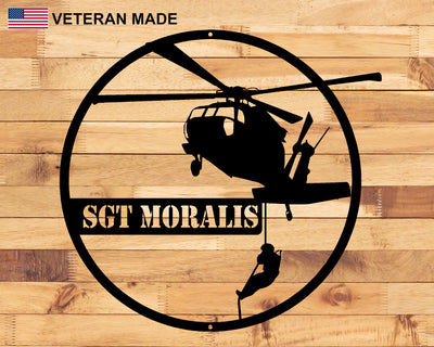 Personalized UH-60 Black Hawk Rappelling Soldier Metal Sign with Rank and Name - Madison Iron and Wood - Personalized sign - metal outdoor decor - Steel deocrations - american made products - veteran owned business products - fencing decorations - fencing supplies - custom wall decorations - personalized wall signs - steel - decorative post caps - steel post caps - metal post caps - brackets - structural brackets - home improvement - easter - easter decorations - easter gift - easter yard decor