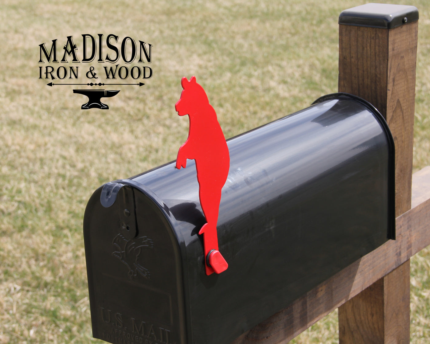 Bear Mailbox Flag - Madison Iron and Wood - Mailbox Post Decor - metal outdoor decor - Steel deocrations - american made products - veteran owned business products - fencing decorations - fencing supplies - custom wall decorations - personalized wall signs - steel - decorative post caps - steel post caps - metal post caps - brackets - structural brackets - home improvement - easter - easter decorations - easter gift - easter yard decor