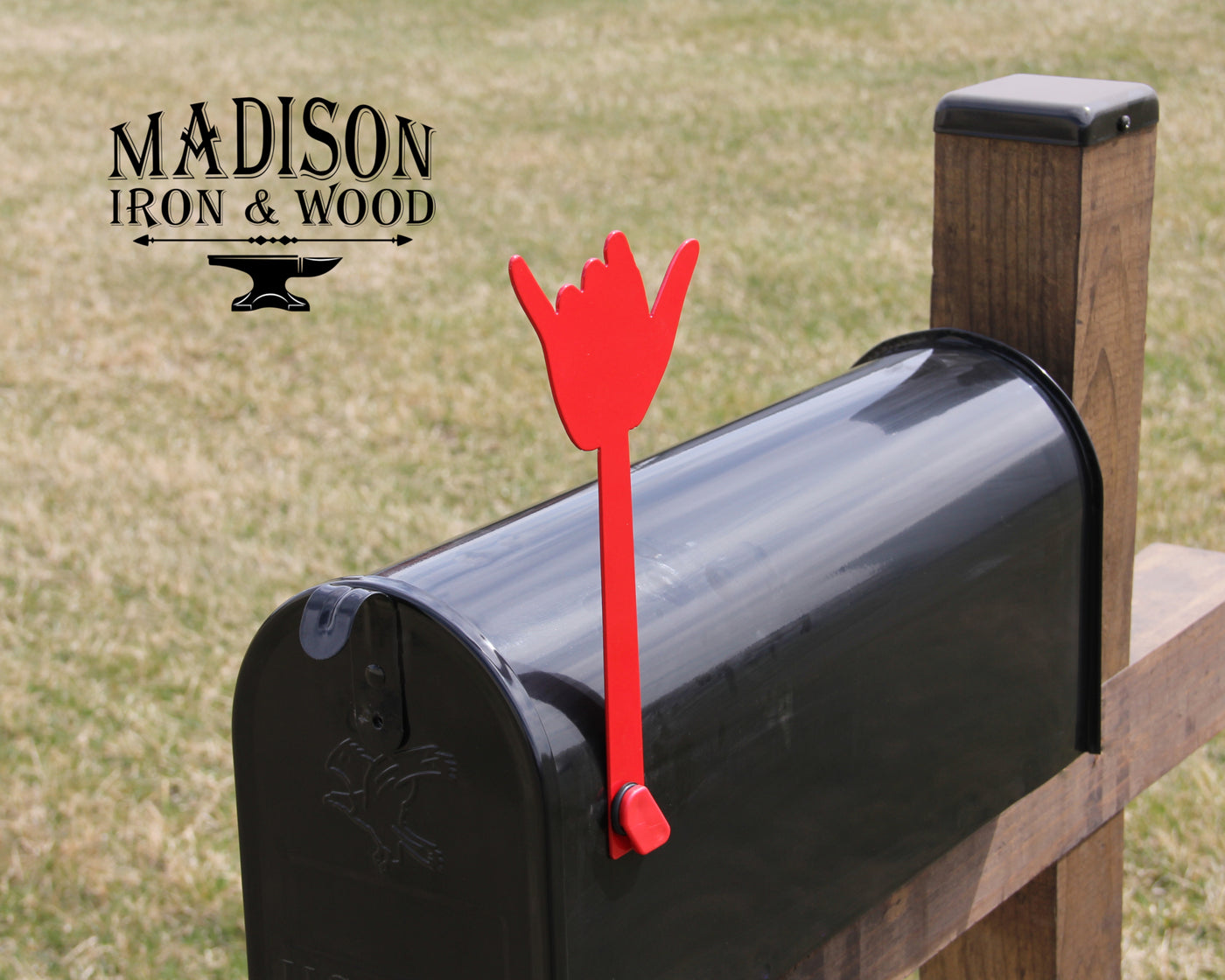 Hang Loose Hand Gesture Mailbox Flag - Madison Iron and Wood - Mailbox Post Decor - metal outdoor decor - Steel deocrations - american made products - veteran owned business products - fencing decorations - fencing supplies - custom wall decorations - personalized wall signs - steel - decorative post caps - steel post caps - metal post caps - brackets - structural brackets - home improvement - easter - easter decorations - easter gift - easter yard decor