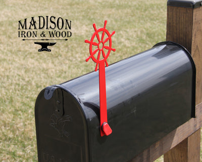 Ship Wheel Mailbox Flag - Madison Iron and Wood - Mailbox Post Decor - metal outdoor decor - Steel deocrations - american made products - veteran owned business products - fencing decorations - fencing supplies - custom wall decorations - personalized wall signs - steel - decorative post caps - steel post caps - metal post caps - brackets - structural brackets - home improvement - easter - easter decorations - easter gift - easter yard decor