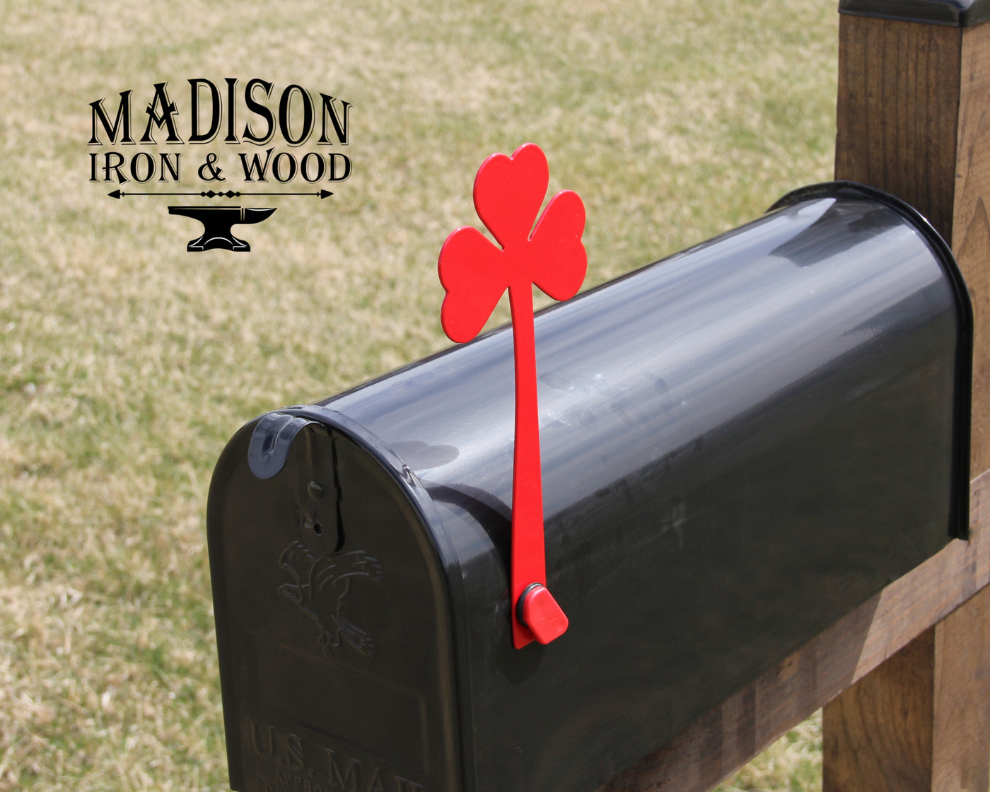 Shamrock Mailbox Flag - Madison Iron and Wood - Mailbox Post Decor - metal outdoor decor - Steel deocrations - american made products - veteran owned business products - fencing decorations - fencing supplies - custom wall decorations - personalized wall signs - steel - decorative post caps - steel post caps - metal post caps - brackets - structural brackets - home improvement - easter - easter decorations - easter gift - easter yard decor