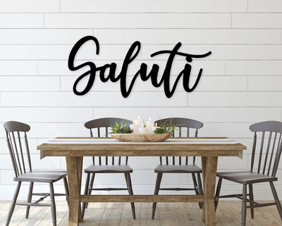 Saluti Metal Word Sign - Madison Iron and Wood - Wall Art - metal outdoor decor - Steel deocrations - american made products - veteran owned business products - fencing decorations - fencing supplies - custom wall decorations - personalized wall signs - steel - decorative post caps - steel post caps - metal post caps - brackets - structural brackets - home improvement - easter - easter decorations - easter gift - easter yard decor