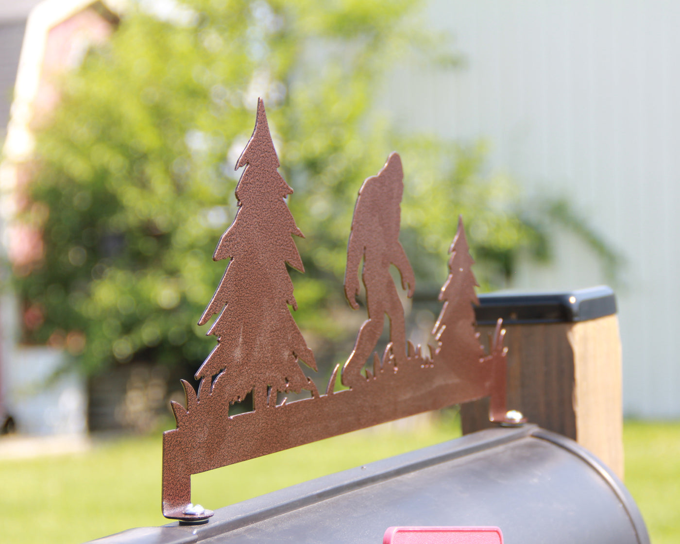 Sasquatch Mailbox Topper - Madison Iron and Wood - Mailbox Post Decor - metal outdoor decor - Steel deocrations - american made products - veteran owned business products - fencing decorations - fencing supplies - custom wall decorations - personalized wall signs - steel - decorative post caps - steel post caps - metal post caps - brackets - structural brackets - home improvement - easter - easter decorations - easter gift - easter yard decor