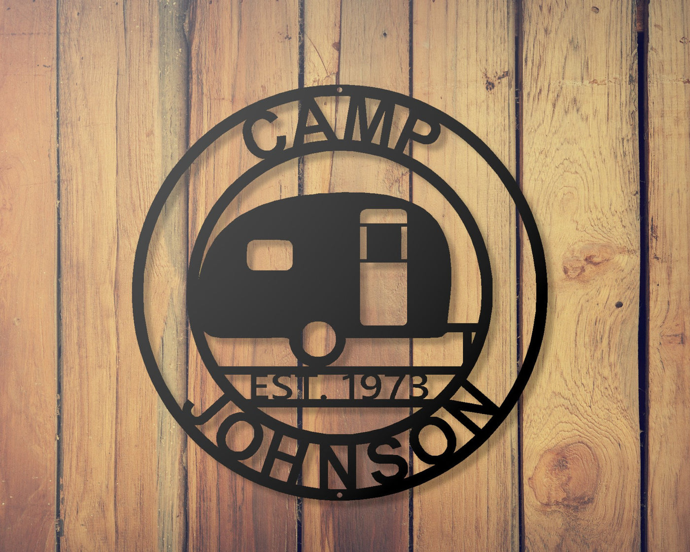 Personalized Camper Metal Sign with Name and EST. Date - Madison Iron and Wood - Personalized sign - metal outdoor decor - Steel deocrations - american made products - veteran owned business products - fencing decorations - fencing supplies - custom wall decorations - personalized wall signs - steel - decorative post caps - steel post caps - metal post caps - brackets - structural brackets - home improvement - easter - easter decorations - easter gift - easter yard decor