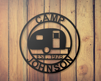 Personalized Camper Metal Sign with Name and EST. Date - Madison Iron and Wood - Personalized sign - metal outdoor decor - Steel deocrations - american made products - veteran owned business products - fencing decorations - fencing supplies - custom wall decorations - personalized wall signs - steel - decorative post caps - steel post caps - metal post caps - brackets - structural brackets - home improvement - easter - easter decorations - easter gift - easter yard decor