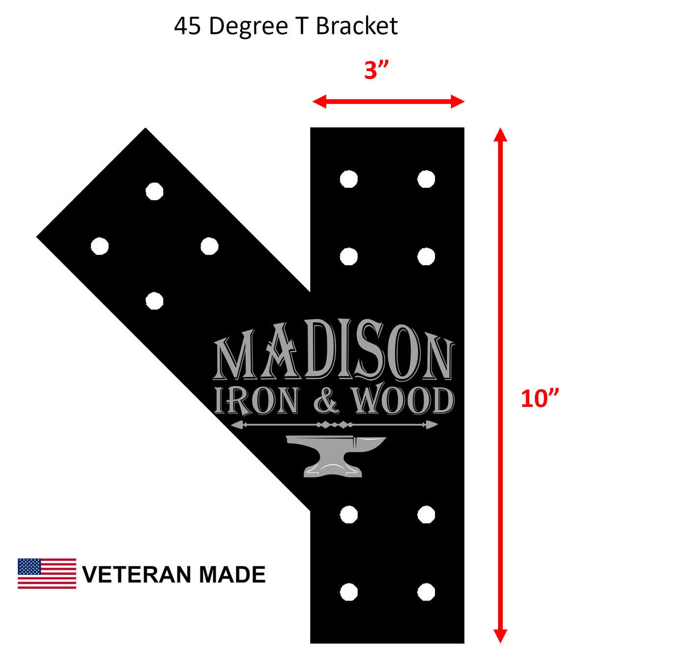 45 Degree T Bracket for 4" Post - Madison Iron and Wood - Brackets - metal outdoor decor - Steel deocrations - american made products - veteran owned business products - fencing decorations - fencing supplies - custom wall decorations - personalized wall signs - steel - decorative post caps - steel post caps - metal post caps - brackets - structural brackets - home improvement - easter - easter decorations - easter gift - easter yard decor