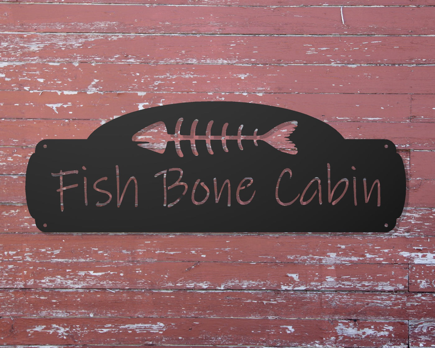 Personalized Fish Bone Cabin Metal Sign - Madison Iron and Wood - Personalized sign - metal outdoor decor - Steel deocrations - american made products - veteran owned business products - fencing decorations - fencing supplies - custom wall decorations - personalized wall signs - steel - decorative post caps - steel post caps - metal post caps - brackets - structural brackets - home improvement - easter - easter decorations - easter gift - easter yard decor