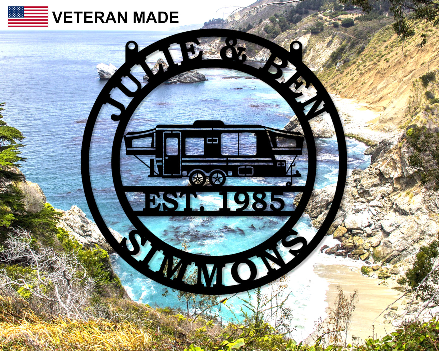 Personalized Travel Trailer Camper Metal Sign with Names and EST. Date - Madison Iron and Wood - Personalized sign - metal outdoor decor - Steel deocrations - american made products - veteran owned business products - fencing decorations - fencing supplies - custom wall decorations - personalized wall signs - steel - decorative post caps - steel post caps - metal post caps - brackets - structural brackets - home improvement - easter - easter decorations - easter gift - easter yard decor