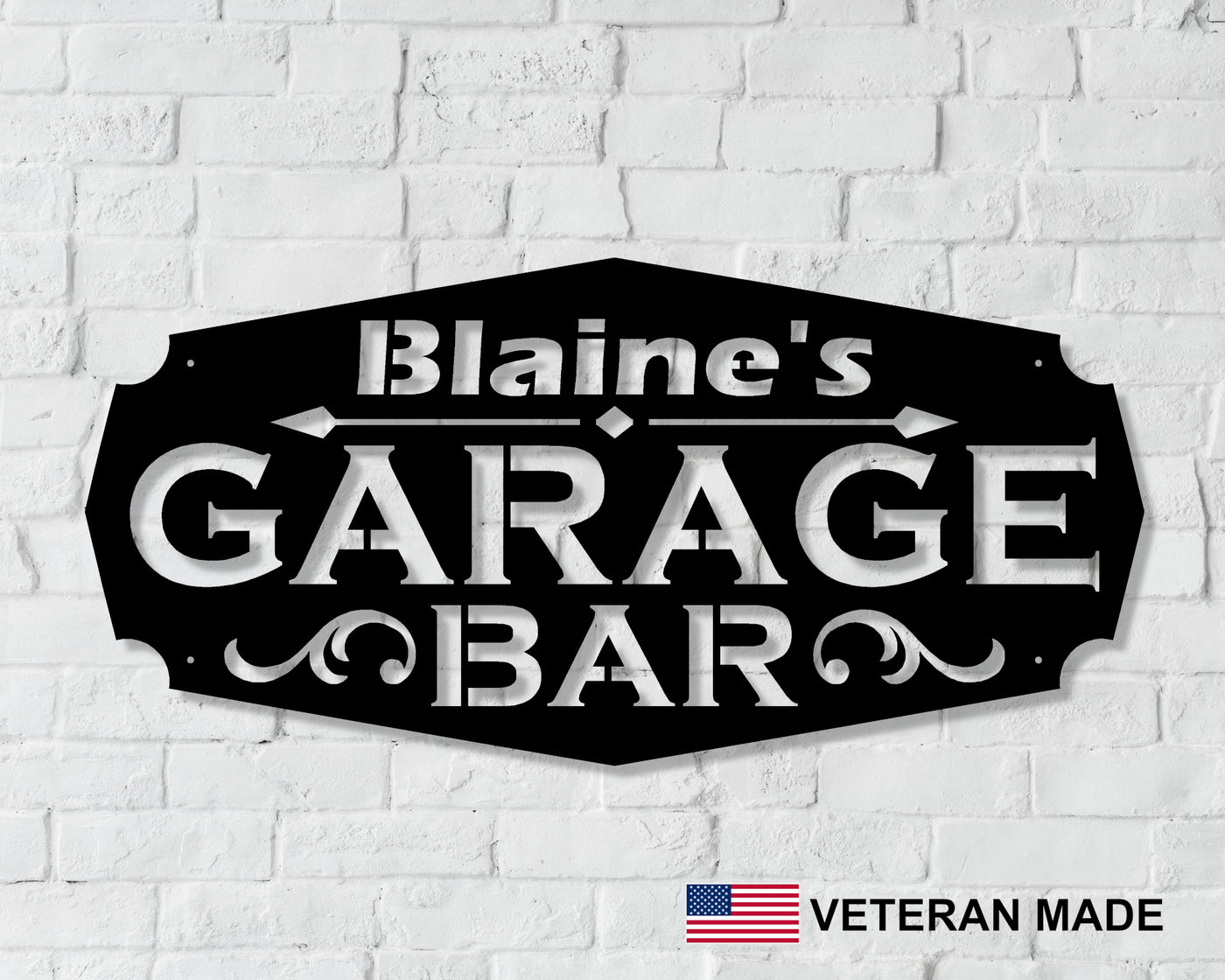 Personalized Garage Bar Metal Sign with Name - Madison Iron and Wood - Personalized sign - metal outdoor decor - Steel deocrations - american made products - veteran owned business products - fencing decorations - fencing supplies - custom wall decorations - personalized wall signs - steel - decorative post caps - steel post caps - metal post caps - brackets - structural brackets - home improvement - easter - easter decorations - easter gift - easter yard decor