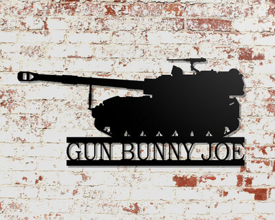 Personalized M109 Howitzer Tank Metal Sign - Madison Iron and Wood - Personalized sign - metal outdoor decor - Steel deocrations - american made products - veteran owned business products - fencing decorations - fencing supplies - custom wall decorations - personalized wall signs - steel - decorative post caps - steel post caps - metal post caps - brackets - structural brackets - home improvement - easter - easter decorations - easter gift - easter yard decor