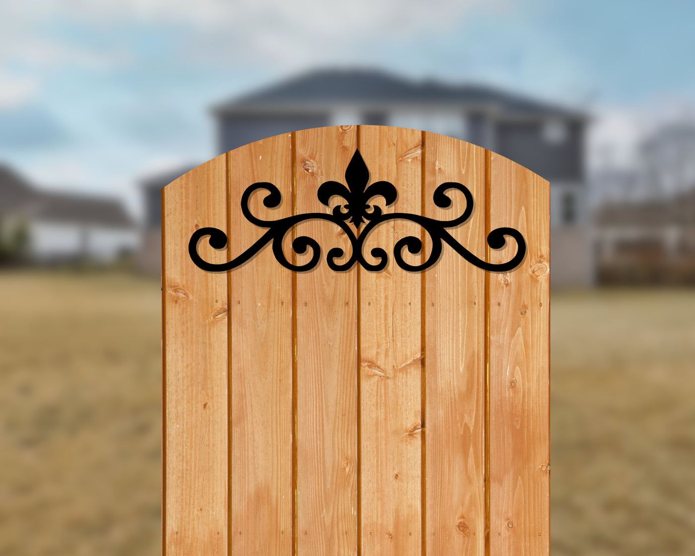 Fleur De Lis Scroll Gate Valance for Wood Gates - Madison Iron and Wood - Gate Window - metal outdoor decor - Steel deocrations - american made products - veteran owned business products - fencing decorations - fencing supplies - custom wall decorations - personalized wall signs - steel - decorative post caps - steel post caps - metal post caps - brackets - structural brackets - home improvement - easter - easter decorations - easter gift - easter yard decor
