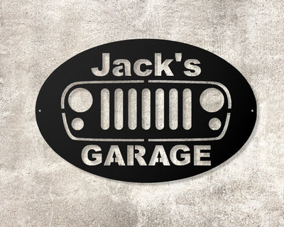 Personalized Jeep Garage Metal Sign - Madison Iron and Wood - Personalized sign - metal outdoor decor - Steel deocrations - american made products - veteran owned business products - fencing decorations - fencing supplies - custom wall decorations - personalized wall signs - steel - decorative post caps - steel post caps - metal post caps - brackets - structural brackets - home improvement - easter - easter decorations - easter gift - easter yard decor