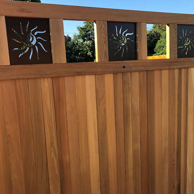 Sun Steel Window Insert for Wood Gate - Madison Iron and Wood - Gate Window - metal outdoor decor - Steel deocrations - american made products - veteran owned business products - fencing decorations - fencing supplies - custom wall decorations - personalized wall signs - steel - decorative post caps - steel post caps - metal post caps - brackets - structural brackets - home improvement - easter - easter decorations - easter gift - easter yard decor