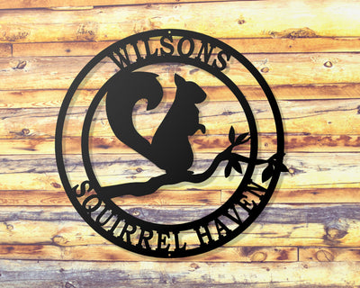 Personalized Squirrel Round Metal Sign with Name - Madison Iron and Wood - Personalized sign - metal outdoor decor - Steel deocrations - american made products - veteran owned business products - fencing decorations - fencing supplies - custom wall decorations - personalized wall signs - steel - decorative post caps - steel post caps - metal post caps - brackets - structural brackets - home improvement - easter - easter decorations - easter gift - easter yard decor