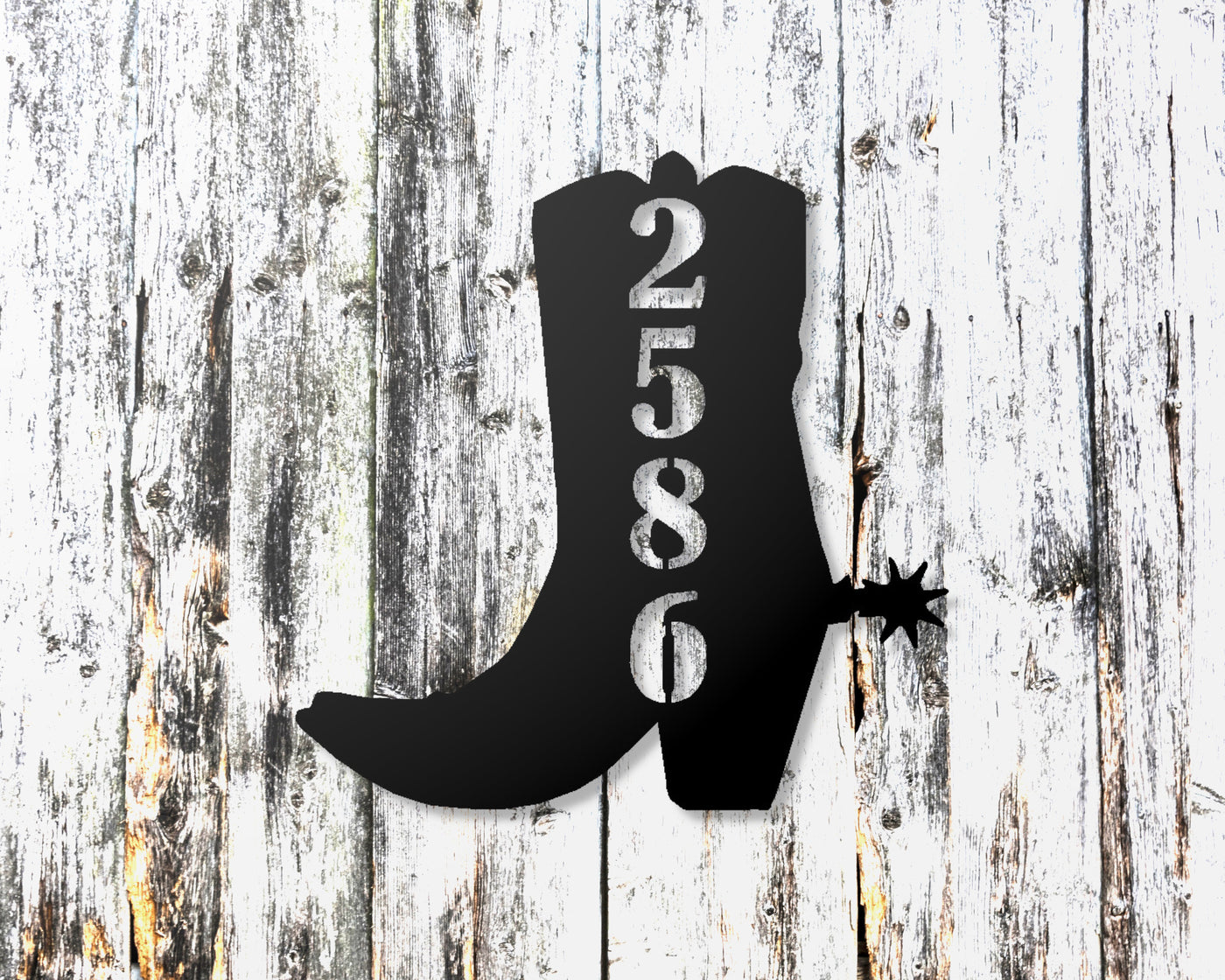 Personalized Cowboy Boot Metal Sign with Street Address Numbers - Madison Iron and Wood - Personalized sign - metal outdoor decor - Steel deocrations - american made products - veteran owned business products - fencing decorations - fencing supplies - custom wall decorations - personalized wall signs - steel - decorative post caps - steel post caps - metal post caps - brackets - structural brackets - home improvement - easter - easter decorations - easter gift - easter yard decor
